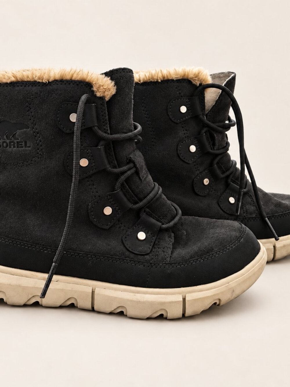 Sorel Black Suede Faux Fur Lace Up Winter Boots Women’s Size 6